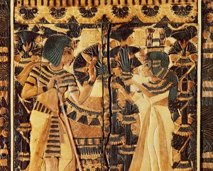 Topppanel från en kista, från Tutankhamons grav, New Kingdom (trä, brons, elfenben och färgad glasyr) av Egyptian 18th Dynasty