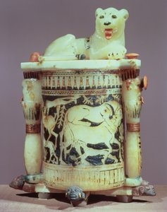 Ung burk med en figur av kungen som ett lejon, från Tutankhamons grav (ca 1370-52 f.Kr.) Nya kungariket (målad alabaster) (se även 391016)