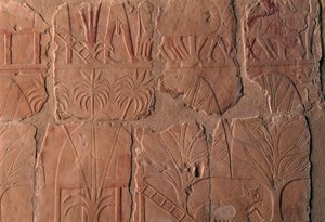 By med hyddor, scener från Puntriket, södra väggen i den centrala kolonnaden, Hatshepsuts dödstempel, Deir el-Bahari, Theban Necropolis (UNESCO:s världsarvslista) av Egyptian 18th Dynasty