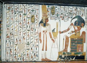 Kapitel 94 i Dödsboken, Nefertari stående framför guden Thoth, den ibis-hövdade skrivaren, fresk, norra väggen, östra sidokammaren, Nefertaris grav (QV66), Drottningarnas dal, Thebe. Egyptisk civilisation, Nya kungariket, dynasti XIX.