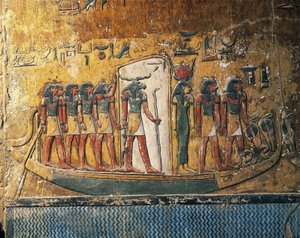 Egypten, Luxor, antika Thebe, kungarnas dal, Seti I:s grav, fresker som föreställer solbåt med guden med vädurshövdad av Egyptian 19th Dynasty