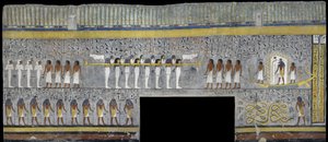 Egypten, Thebe, Luxor, Konungarnas dal, Ramses I:s grav, väggmålning av Ra i solbark i gravkammaren från 19:e dynastin av Egyptian 19th Dynasty