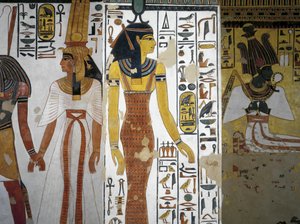 Egypten, Thebe, Luxor, Drottningarnas dal, Nefertaris grav, Vestibul, Väggmålningar, Harsiesi leder drottningen vid handen, gudinnan Neith