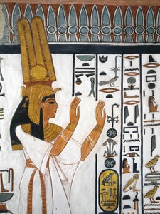 Egypten, Thebe, Luxor, Valley of the Queens, Tomb of Nefertari, väggmålning av drottning som reciterar bårhusformel i gravkammare från 19:e dynastin