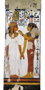 Egypten, Thebe, Luxor, Drottningarnas dal, Nefertaris grav, väggmålning av gudinnan Isis och drottningen på pelaren i gravkammaren från 19:e dynastin