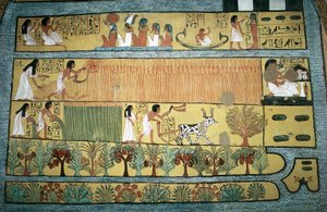 Egypten, Thebe, by för statsanställda arbetare vid Dayr al-Madinah (Deir el-Medina), Sennedjems grav, fresk som visar jordbruksscener på Ialus fält, Nya riket, dynasti XIX av Egyptian 19th Dynasty