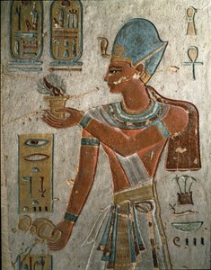 Egyptisk antikvitet: Farao Ramses I (1320-1310 f.Kr.) representerar att bränna rökelse och hälla vatten vid en ceremoni. Volym av Ramses I, Konungarnas dal, Egypten av Egyptian 19th Dynasty