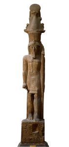 Egyptisk antikviteter: staty av farao Sethi II (Seti eller Sety) (1200-1194 f.Kr.) från den 19:e dynastin i rosa gres, han bär en scepter med symbolen för guden Amon, Dim. 465 cm. Egyptiska museet i Turin. av Egyptian 19th Dynasty
