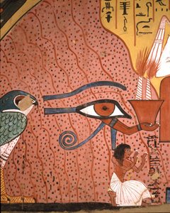 Egyptisk antikvitet: "" hantverkaren Pached (eller Pashedou eller Pachedou eller Pashed eller Pashedu) knäböjer i tillbedjan nära honom, Horus Oudjats öga""" Fresk av Pachedous grav, Deir, el Medinet, Egypten av Egyptian 19th Dynasty