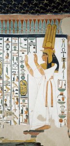 Nefertari framför den första dörren till kungariket Osiris, höjer sina armar i ett tecken på tillbedjan, fresk, gravkammare, Nefertaris grav (QV66), Drottningarnas dal, Thebe. Egyptisk civilisation, Nya kungariket, dynasti XIX.