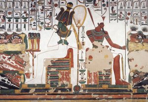 Osiris och Atum, fresk, östra väggen, östra sidokammaren, Nefertaris grav (QV66), Valley of the Queens, Thebe (Unescos världsarvslista av Egyptian 19th Dynasty