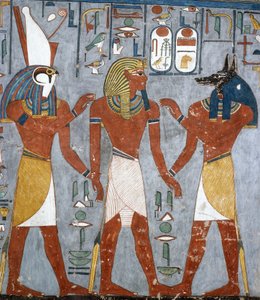 Ramses I mellan Horus och Anubis, fresk, gravkammare, Ramses I:s grav (KV16), Konungarnas dal, Thebe (Unescos världsarvslista