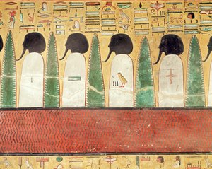 Relief som visar svarthåriga gudar i underjorden, från Seti I:s grav (r.1294-1279 f.Kr.) New Kingdom (målad kalksten) av Egyptian 19th Dynasty
