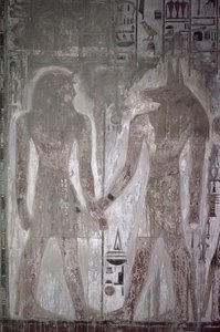 Seti I (1303-1290 f.Kr.) och Anubis i Setis grav, Nya kungariket (väggmålning)