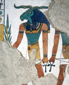 Budbäraren med ett baggehuvud, tredje dörren till kungariket Osiris, kapitel 144 i Dödboken, fresk, gravkammare, Nefertaris grav (QV66), Drottningarnas dal, Thebe. Egyptisk civilisation, Nya kungariket, dynasti XIX. av Egyptian 19th Dynasty