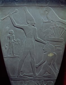 The Narmer Palette: ceremoniell palett som föreställer kung Narmer, klädd i övre Egyptens vita krona, slår en fånge, hittad i Hierakonpolis, tidig dynastisk period, c.3000 f.Kr.