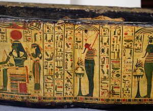 Detalj av den yttre kistbasen av mumin av Nesyamun, möjligen hittad i Deir El-Bahri, New Kingdom, ca 1100 f.Kr. (målat trä) av Egyptian 20th Dynasty