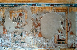 Egyptisk antikvitet: representation av Shuroy och hans fru som dyrkar guden Thot och gudinnan Ra. Målning av Shuroys grav av Egyptian 20th Dynasty