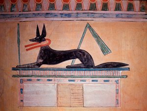 Anubis med schakalhuvud, mumifieringsguden. Wall of the Tomb of Prince Khaemweset II (målad kalkstensdekoration, 20:e dynastin)