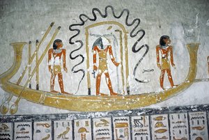 Re in the Night Boat, från Ramses VIs grav, New Kingdom (ca 1145-1137 f.Kr.) (väggmålning)