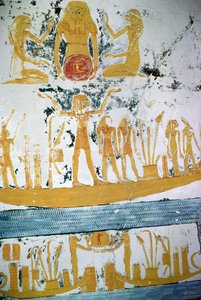 Re in the Night Boat, från Ramses VIs grav, New Kingdom (ca 1145-1137 f.Kr.) (väggmålning) av Egyptian 20th Dynasty