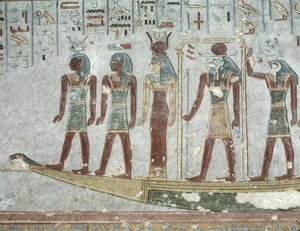 Relief föreställande Khnum i en begravningsbark som passerar genom underjorden, från Ramses III:s grav (ca 1184-1153 f.Kr.) New Kingdom (målad kalksten) av Egyptian 20th Dynasty