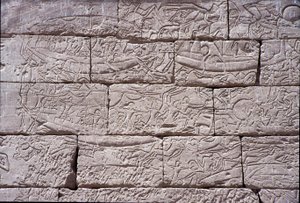 Havsfolket, sjöslaget vid Ramses III, Medinet Habu, 1195-64 f.Kr. sten