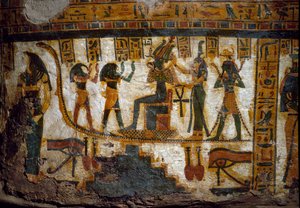 Egyptens konst: Osiris tar emot hyllningar från fyra gudar: Thot, Maat, Heka (Heqat eller Heqa) och Harsiesi. En av gudarna har livets nyckel i form av ett kors ansee (Ankh). Nedan två representationer av ögat oudjat (Horus öga) Dekoration av th