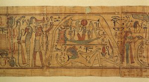 Bok med mytologiska bilder av Nespakachuty, separationen av himmel och jord med solbåten av Egyptian 21st Dynasty