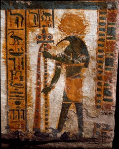 Egyptisk antikvitet: Thot, månens gud, i form av en man i spetsen för ibis. dekoration av den antropoida sarkofagen av skrivaren Butehamon, 21:a dynastin (1085-935 f.Kr.). Egyptens museum i Turin (Torino, Museo Egizio) av Egyptian 21st Dynasty