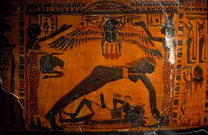 Egyptisk antikvitet: sarkofag av målat trä av Boutehamon (Butehamon), kunglig skrivare. Från Thebe. 21:a dynastin. 990-970 f.Kr. Detalj som representerar världens skapelse, Nout, himlens gudinna, skiljer sig från Geb, jordens gud. Turin, egyptisk