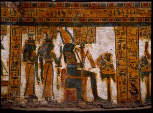 Egyptisk antikvitet: gudomligheterna Isis och Nephtys som dyrkar Osiris. De håller livets nycklar i form av ett kors ansee (Ankh). Dekoration av den antropoida sarkofagen av skrivaren Butehamon, 21:a dynastin (1085-935 f.Kr.). Egyptens museum i Turin (Tori av Egyptian 21st Dynasty