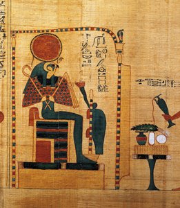 Mytologisk papyrus av Imenemsauf, huvudbärare av Amon. Detalj: gud Ra-Harakhti