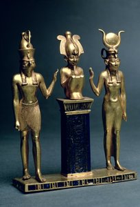 Triad av Osorkon II: Osiris flankerad av Isis och Horus, tredje mellanperioden, c.874-850 f.Kr. (guld & lapis lazuli)
