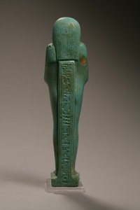 Bakifrån av en Ushabti-figur för Hekaemsaf, flottans amiral, Amasis regeringstid, 570-526 f.Kr. (fajans) (se 270355 för framsidan)