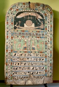 Gudinnan Udjarenes som dyrkar solen, till vänster guden Ra-Horakhty, till höger guden Aton, målade trä. Egyptisk civilisation, sen period, dynasti XXVI.