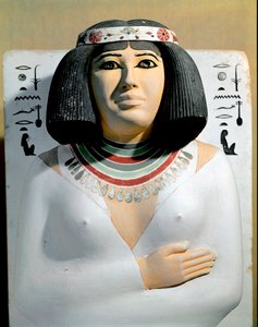 Egyptisk antikvitet: Nofret, hustru till översteprästen i Heliopolis och prins av Pe Rahotep. Målad kalkstensskulpturdetalj. 4:e dynasti. Från Rahoteps mastaba till Meidoum. Egyptiska museet, Kairo.