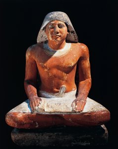 Forntida Egypten: staty av en sittande skrivare från nekropolen Saqqara (Sakkara), 5:e dynastin, forntida imperium (kalksten)