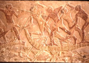 Män som spjuter fisk från papyrusbåt, Ptah-Hotep Tomb, 5:e dynastin (foto) av Egyptian 5th Dynasty