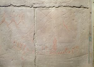 Relief som visar en båtresa, från Mastaba i Akhethotep, Gamla kungariket, ca 2400 f.Kr. (målad kalksten)