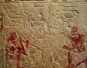 Relief föreställande glasblåsare, från Mastaba i Kaemrehu, Saqqara, Gamla kungariket, ca 2325 f.Kr. (målad kalksten)