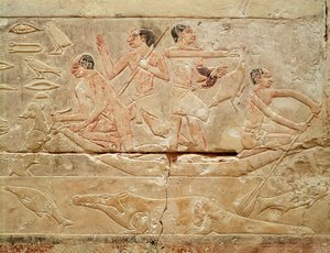 Relief föreställande män i en båt, från prinsessan Iduts grav, Gamla kungariket, ca 2330 f.Kr. (målad kalksten)