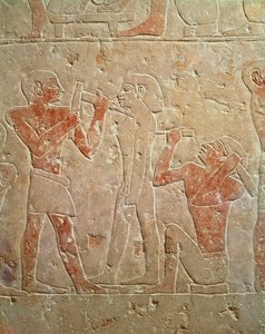 Relief föreställande två skulptörer som ristade en staty, från mastaba i Kaemrehu, Saqqara, Gamla kungariket, ca 2325 f.Kr. (målad kalksten)
