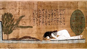 Egyptisk antikvitet: en nedlagd representant som dyrkar krokodilen, symbol för fecondite. Papyrus från en dödsbok. Kairo, Egyptiska museet - Forntida Egypten: en avliden som dyrkar krokodilen, symbol för fertilitet. Papyrus av de döda boken.