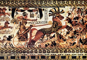Egyptisk väggmålning från en grav föreställande en stridsscen av Egyptian Egyptian