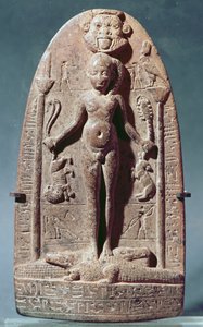 Cippus som visar Horus som ett barn som står på krokodiler (rosa granit)