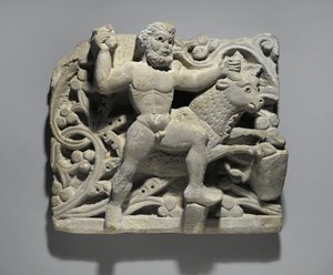 Herakles smider Acheloos i form av en tjur, från Oxyrhynchus, ca 300-500 (kalksten) av Egyptian School