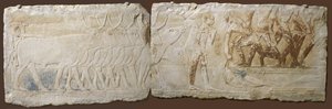 Relief av bönder som driver boskap och fiske, Gamla kungariket, 2450-2290 f.Kr. (målad kalksten)