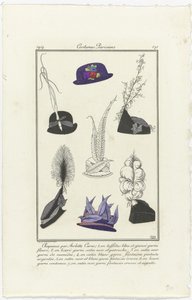 Tillbehör Journal des Dames et des Modes, Costumes Parisiens, 1914, nr 171: Hattar av Arlett (...) av Eiger
