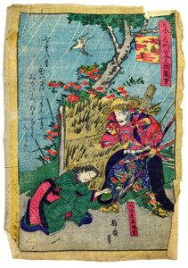 Militärbefälhavare Doukan Mochisuke Oota i japansk Kerria Flower Village, ca 1875 (färgat träsnitt på japanpapper) av Eiichi Seisai